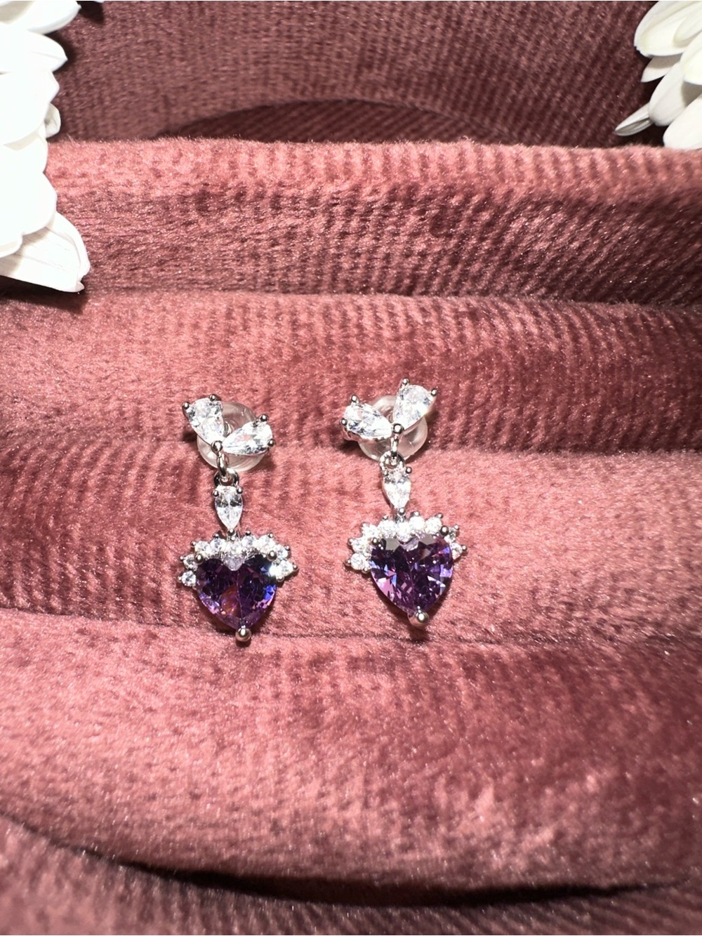 Silver Drop Heart Shape Earrings with Purple Heart Gemstones - Picture 4 of 4